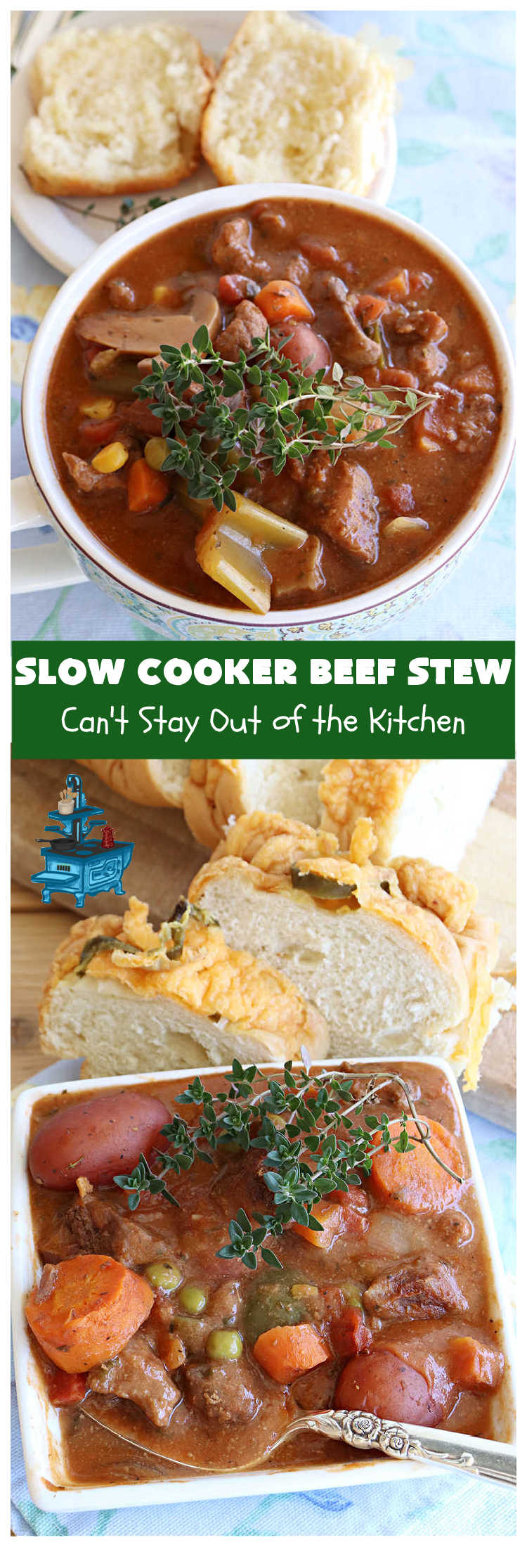 Slow Cooker Beef Stew | Can't Stay Out of the Kitchen | #SlowCookerBeefStew is a great, lazy day entree for cool, fall nights. It's especially good served with #HomemadeRolls. Tossing all the ingredients into the #SlowCooker makes this recipe so much easier on days when you're short on time. #BeefStew #beef, #potatoes, #carrots, #tomatoes #recipe #EasyBeefStewRecipe
