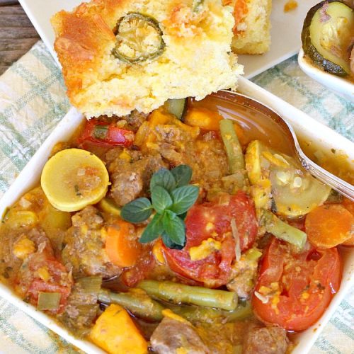 Slow Cooker Beef and Sweet Potato Stew | Can't Stay Out of the Kitchen | this delicious #stew is chocked full of fresh #veggies. Because everything is tossed into the #SlowCooker, it makes for a really easy weeknight meal. Tasty, savory & delicious comfort food for cold, winter nights. #Healthy #CleanEating #LowCalorie #GlutenFree #beef #tomatoes #zucchini #StewBeef #Crockpot #soup #GreenBeans #YellowSquash #SweetPotatoes #SlowCookerBeefAndSweetPotatoStew