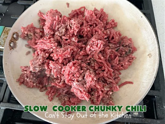 Slow Cooker Chunky Chili | Can't Stay Out of the Kitchen | this easy #chili #recipe is made in the #crockpot. It's delightfully chunky & filled with #KidneyBeans, both #GroundBeef & #sausage, & #TomatoesWithGreenChilis. Great #ChunkyChili for #tailgating parties or family dinners during fall & winter. #GlutenFree #SlowCooker #jalapeños #Fritos #TortillaChips #SlowCookerChunkyChili #beef #pork #SlowCookedChunkyChili