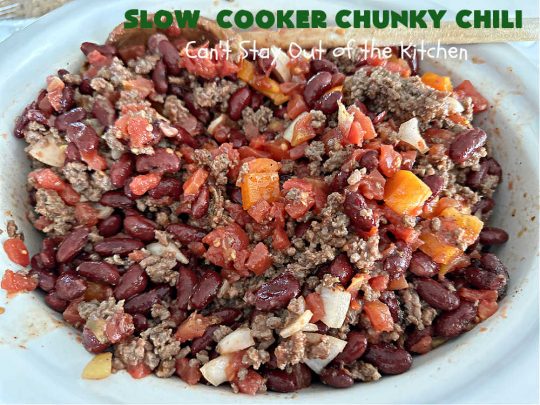 Slow Cooker Chunky Chili | Can't Stay Out of the Kitchen | this easy #chili #recipe is made in the #crockpot. It's delightfully chunky & filled with #KidneyBeans, both #GroundBeef & #sausage, & #TomatoesWithGreenChilis. Great #ChunkyChili for #tailgating parties or family dinners during fall & winter. #GlutenFree #SlowCooker #jalapeños #Fritos #TortillaChips #SlowCookerChunkyChili #beef #pork #SlowCookedChunkyChili