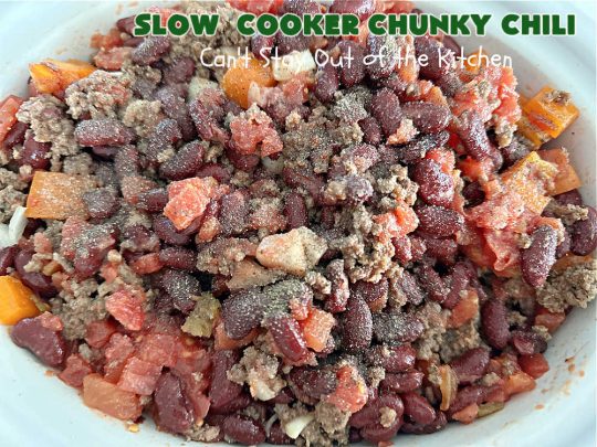 Slow Cooker Chunky Chili | Can't Stay Out of the Kitchen | this easy #chili #recipe is made in the #crockpot. It's delightfully chunky & filled with #KidneyBeans, both #GroundBeef & #sausage, & #TomatoesWithGreenChilis. Great #ChunkyChili for #tailgating parties or family dinners during fall & winter. #GlutenFree #SlowCooker #jalapeños #Fritos #TortillaChips #SlowCookerChunkyChili #beef #pork #SlowCookedChunkyChili