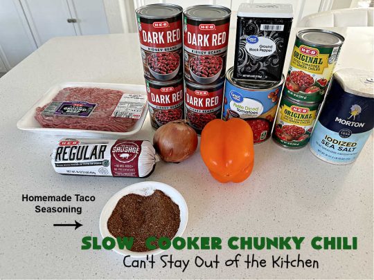 Slow Cooker Chunky Chili | Can't Stay Out of the Kitchen | this easy #chili #recipe is made in the #crockpot. It's delightfully chunky & filled with #KidneyBeans, both #GroundBeef & #sausage, & #TomatoesWithGreenChilis. Great #ChunkyChili for #tailgating parties or family dinners during fall & winter. #GlutenFree #SlowCooker #jalapeños #Fritos #TortillaChips #SlowCookerChunkyChili #beef #pork #SlowCookedChunkyChili