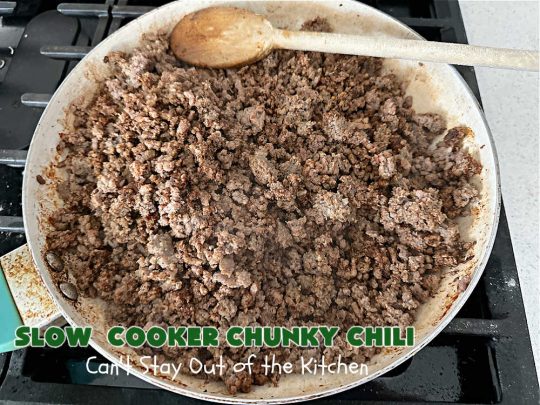 Slow Cooker Chunky Chili | Can't Stay Out of the Kitchen | this easy #chili #recipe is made in the #crockpot. It's delightfully chunky & filled with #KidneyBeans, both #GroundBeef & #sausage, & #TomatoesWithGreenChilis. Great #ChunkyChili for #tailgating parties or family dinners during fall & winter. #GlutenFree #SlowCooker #jalapeños #Fritos #TortillaChips #SlowCookerChunkyChili #beef #pork #SlowCookedChunkyChili