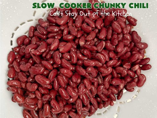 Slow Cooker Chunky Chili | Can't Stay Out of the Kitchen | this easy #chili #recipe is made in the #crockpot. It's delightfully chunky & filled with #KidneyBeans, both #GroundBeef & #sausage, & #TomatoesWithGreenChilis. Great #ChunkyChili for #tailgating parties or family dinners during fall & winter. #GlutenFree #SlowCooker #jalapeños #Fritos #TortillaChips #SlowCookerChunkyChili #beef #pork #SlowCookedChunkyChili