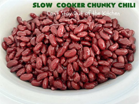 Slow Cooker Chunky Chili | Can't Stay Out of the Kitchen | this easy #chili #recipe is made in the #crockpot. It's delightfully chunky & filled with #KidneyBeans, both #GroundBeef & #sausage, & #TomatoesWithGreenChilis. Great #ChunkyChili for #tailgating parties or family dinners during fall & winter. #GlutenFree #SlowCooker #jalapeños #Fritos #TortillaChips #SlowCookerChunkyChili #beef #pork #SlowCookedChunkyChili