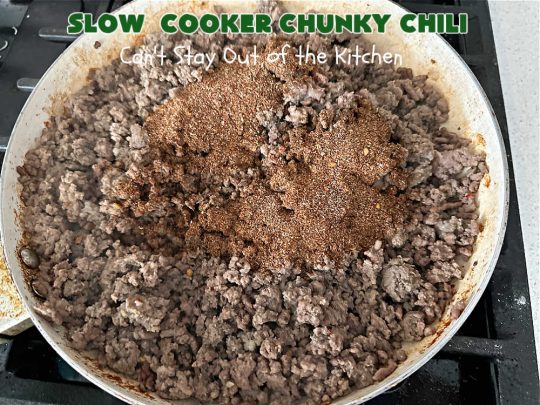 Slow Cooker Chunky Chili | Can't Stay Out of the Kitchen | this easy #chili #recipe is made in the #crockpot. It's delightfully chunky & filled with #KidneyBeans, both #GroundBeef & #sausage, & #TomatoesWithGreenChilis. Great #ChunkyChili for #tailgating parties or family dinners during fall & winter. #GlutenFree #SlowCooker #jalapeños #Fritos #TortillaChips #SlowCookerChunkyChili #beef #pork #SlowCookedChunkyChili