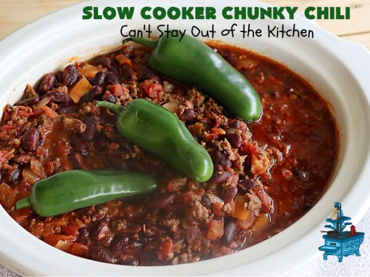 Slow Cooker Chunky Chili | Can't Stay Out of the Kitchen | this easy #chili #recipe is made in the #crockpot. It's delightfully chunky & filled with #KidneyBeans, both #GroundBeef & #sausage, & #TomatoesWithGreenChilis. Great #ChunkyChili for #tailgating parties or family dinners during fall & winter. #GlutenFree #SlowCooker #jalapeños #Fritos #TortillaChips #SlowCookerChunkyChili #beef #pork #SlowCookedChunkyChili