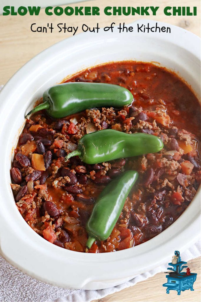 Slow Cooker Chunky Chili | Can't Stay Out of the Kitchen | this easy #chili #recipe is made in the #crockpot. It's delightfully chunky & filled with #KidneyBeans, both #GroundBeef & #sausage, & #TomatoesWithGreenChilis. Great #ChunkyChili for #tailgating parties or family dinners during fall & winter. #GlutenFree #SlowCooker #jalapeños #Fritos #TortillaChips #SlowCookerChunkyChili #beef #pork #SlowCookedChunkyChili