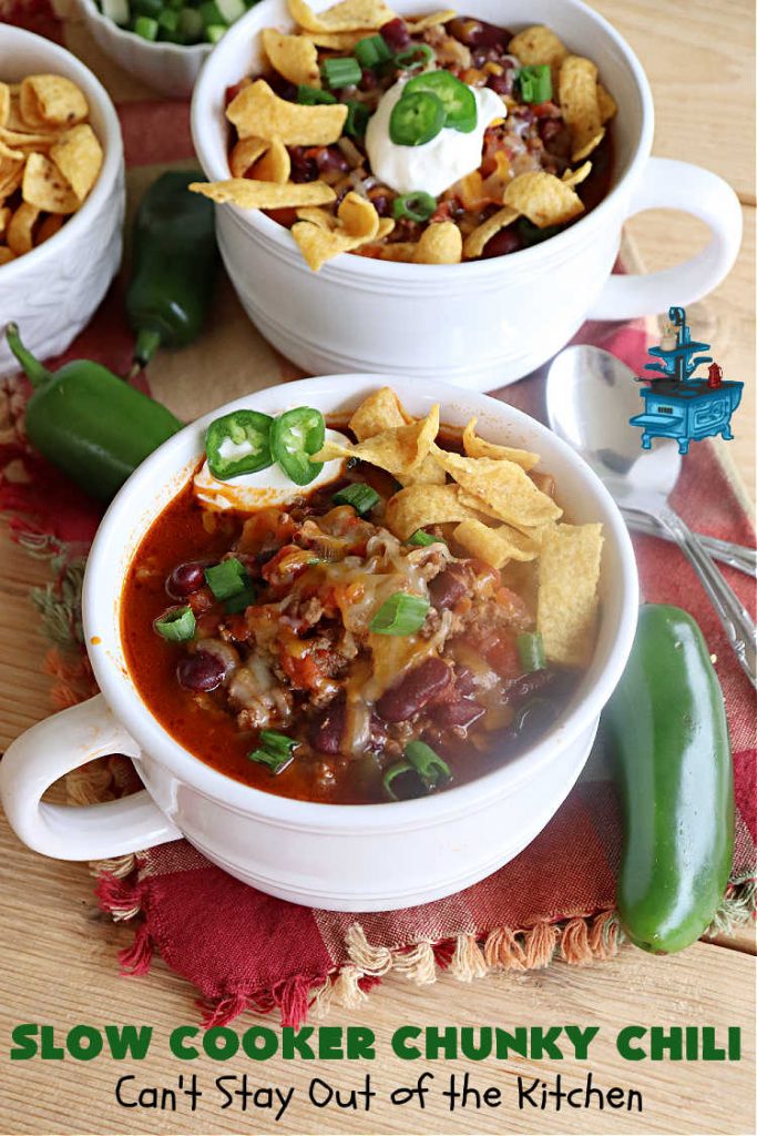 Slow Cooker Chunky Chili | Can't Stay Out of the Kitchen | this easy #chili #recipe is made in the #crockpot. It's delightfully chunky & filled with #KidneyBeans, both #GroundBeef & #sausage, & #TomatoesWithGreenChilis. Great #ChunkyChili for #tailgating parties or family dinners during fall & winter. #GlutenFree #SlowCooker #jalapeños #Fritos #TortillaChips #SlowCookerChunkyChili #beef #pork #SlowCookedChunkyChili