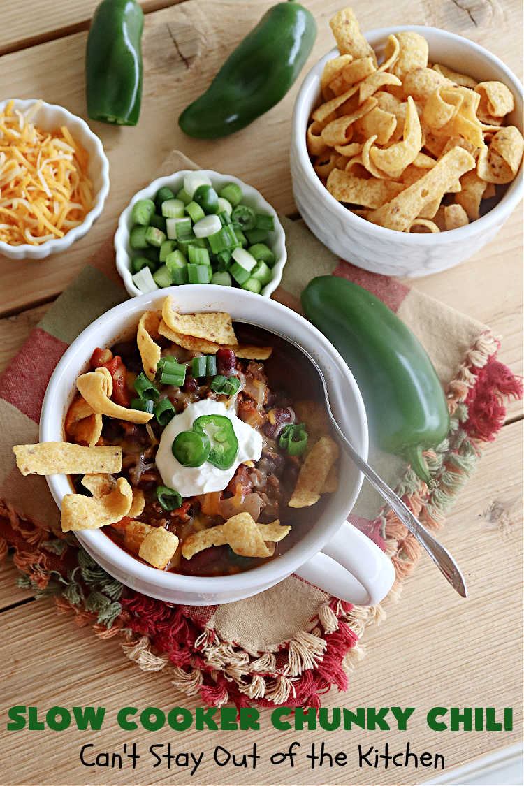 Slow Cooker Chunky Chili | Can't Stay Out of the Kitchen | this easy #chili #recipe is made in the #crockpot. It's delightfully chunky & filled with #KidneyBeans, both #GroundBeef & #sausage, & #TomatoesWithGreenChilis. Great #ChunkyChili for #tailgating parties or family dinners during fall & winter. #GlutenFree #SlowCooker #jalapeños #Fritos #TortillaChips #SlowCookerChunkyChili #beef #pork #SlowCookedChunkyChili