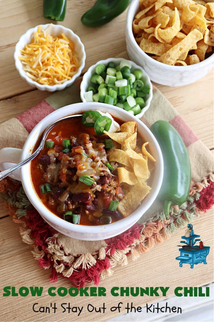 Slow Cooker Chunky Chili | Can't Stay Out of the Kitchen | this easy #chili #recipe is made in the #crockpot. It's delightfully chunky & filled with #KidneyBeans, both #GroundBeef & #sausage, & #TomatoesWithGreenChilis. Great #ChunkyChili for #tailgating parties or family dinners during fall & winter. #GlutenFree #SlowCooker #jalapeños #Fritos #TortillaChips #SlowCookerChunkyChili #beef #pork #SlowCookedChunkyChili