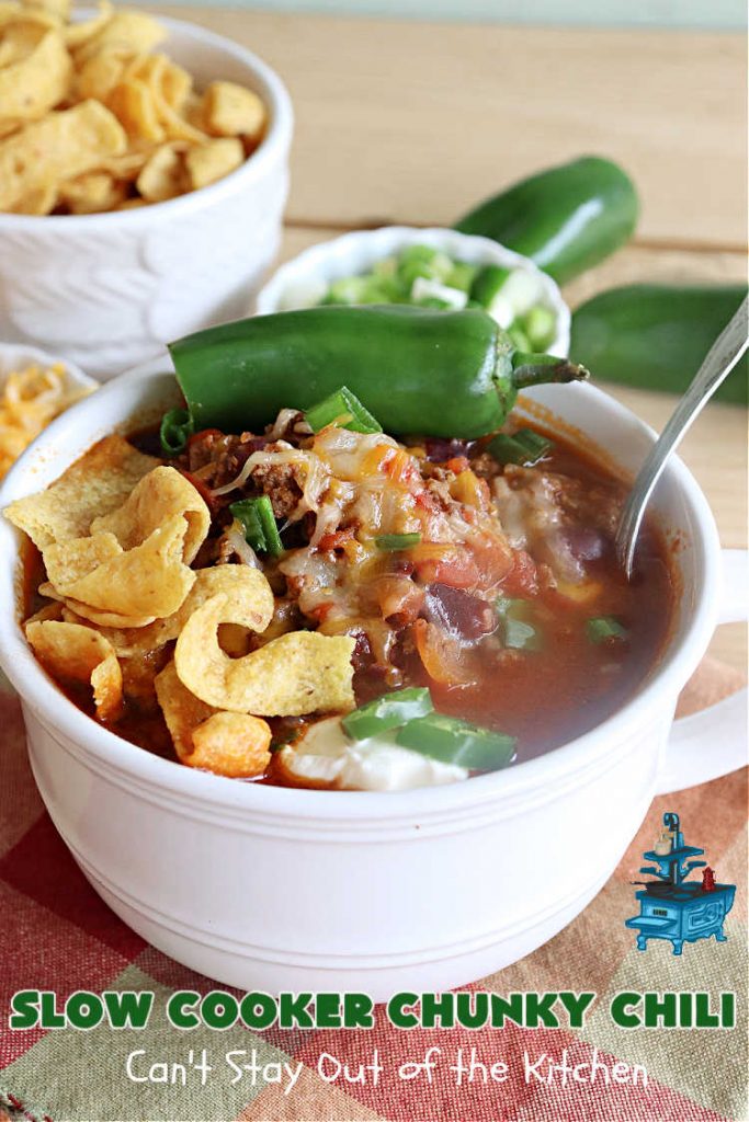 Slow Cooker Chunky Chili | Can't Stay Out of the Kitchen | this easy #chili #recipe is made in the #crockpot. It's delightfully chunky & filled with #KidneyBeans, both #GroundBeef & #sausage, & #TomatoesWithGreenChilis. Great #ChunkyChili for #tailgating parties or family dinners during fall & winter. #GlutenFree #SlowCooker #jalapeños #Fritos #TortillaChips #SlowCookerChunkyChili #beef #pork #SlowCookedChunkyChili