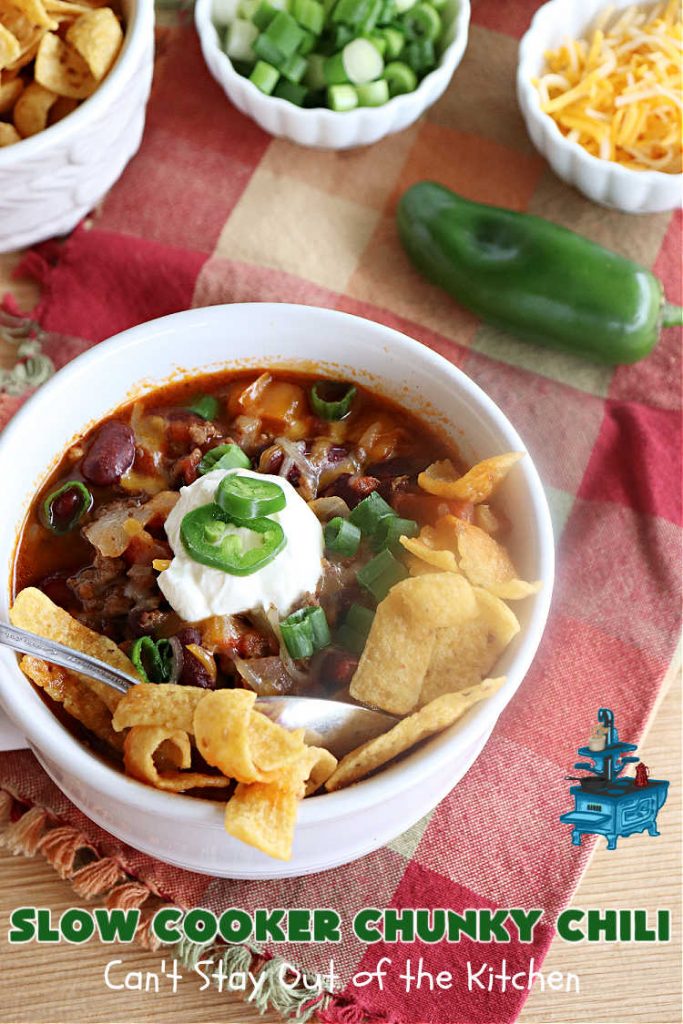 Slow Cooker Chunky Chili | Can't Stay Out of the Kitchen | this easy #chili #recipe is made in the #crockpot. It's delightfully chunky & filled with #KidneyBeans, both #GroundBeef & #sausage, & #TomatoesWithGreenChilis. Great #ChunkyChili for #tailgating parties or family dinners during fall & winter. #GlutenFree #SlowCooker #jalapeños #Fritos #TortillaChips #SlowCookerChunkyChili #beef #pork #SlowCookedChunkyChili