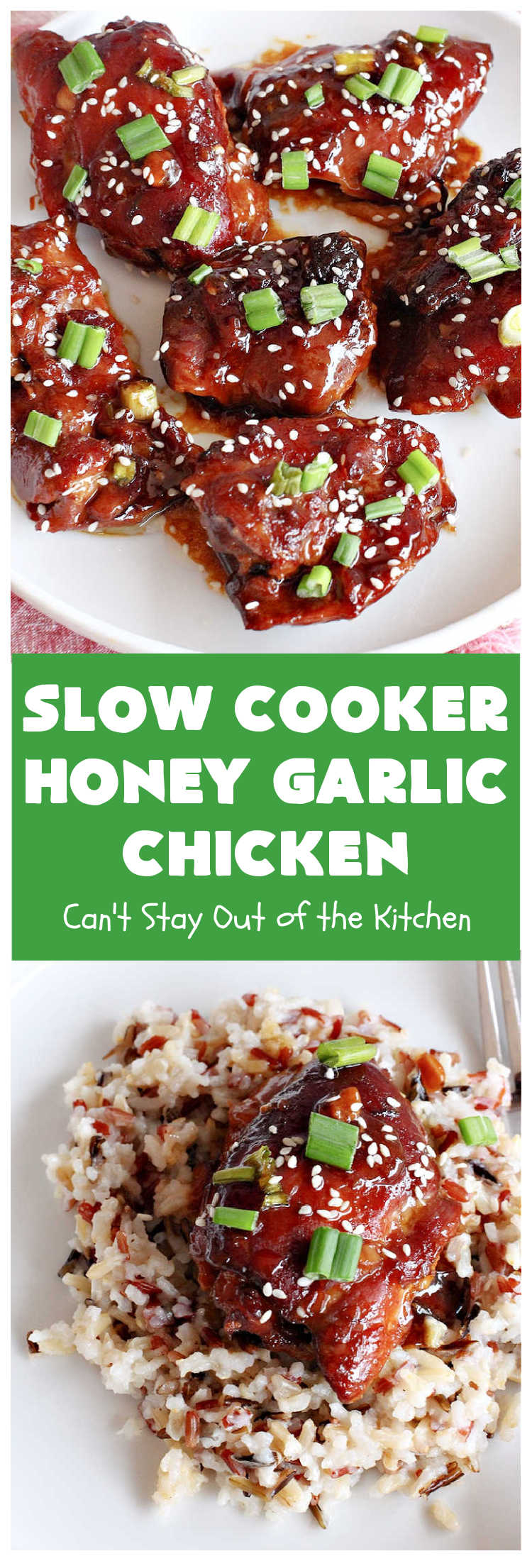 Slow Cooker Honey Garlic Chicken | Can't Stay Out of the Kitchen | this is one of the easiest #Asian style #chicken #recipes since the sauce is stirred together in the #crockpot & the #chicken is added on top! Very easy, very delicious, very filling & satisfying. It cooks in a few hours too, so it doesn't take long to prepare. #SlowCooker #honey #garlic #ginger #HoneyGarlicChicken #SlowCookerHoneyGarlicChicken #SlowCookerChickenRecipe