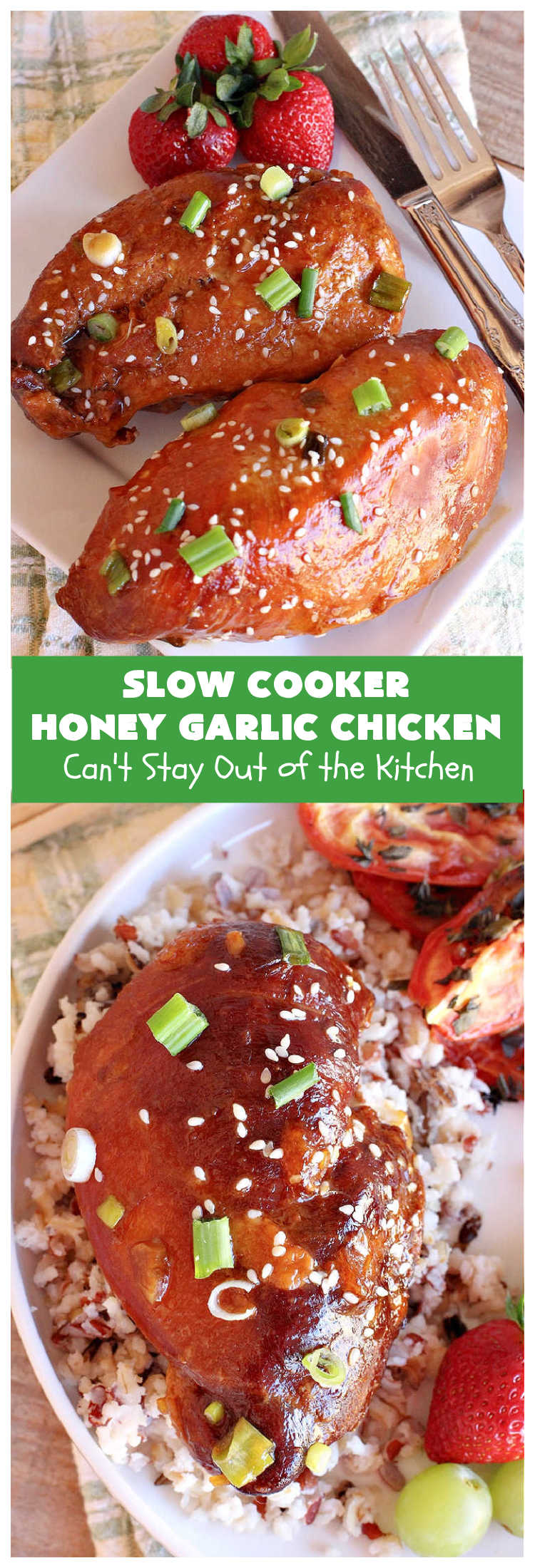 Slow Cooker Honey Garlic Chicken | Can't Stay Out of the Kitchen | this is one of the easiest #Asian style #chicken #recipes since the sauce is stirred together in the #crockpot & the #chicken is added on top! Very easy, very delicious, very filling & satisfying. It cooks in a few hours too, so it doesn't take long to prepare. #SlowCooker #honey #garlic #ginger #HoneyGarlicChicken #SlowCookerHoneyGarlicChicken #SlowCookerChickenRecipe