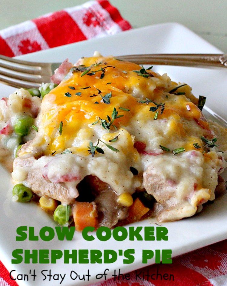Slow Cooker Shepherd's Pie | Can't Stay Out of the Kitchen | this awesome #ShepherdsPie #recipe will have you licking your chops from the first bite! It's irresistible comfort food & easier to make since it's made in the #SlowCooker. Wonderful for company or family dinners. #beef #cheese #peas #corn #carrots #RedPotatoes #crockpot #SlowCookerShepherdsPie #BestShepherdsPie #FavoriteShepherdsPie