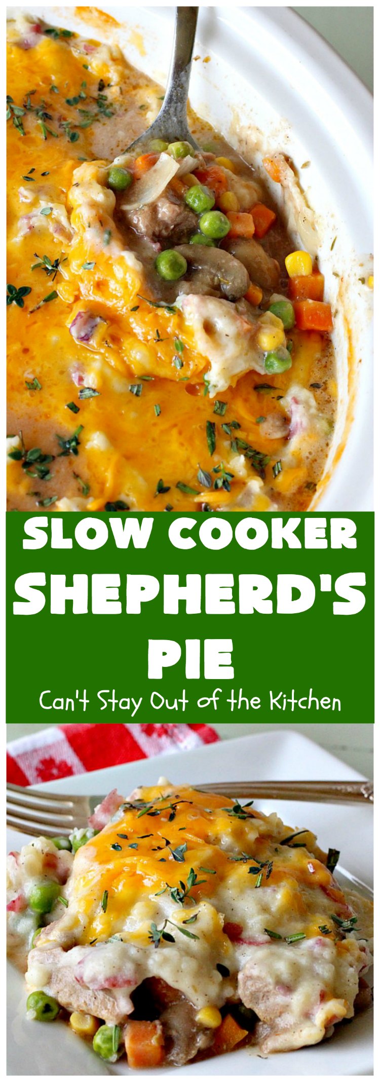Slow Cooker Shepherd's Pie | Can't Stay Out of the Kitchen | this awesome #ShepherdsPie #recipe will have you licking your chops from the first bite! It's irresistible comfort food & easier to make since it's made in the #SlowCooker. Wonderful for company or family dinners. #beef #cheese #peas #corn #carrots #RedPotatoes #crockpot #SlowCookerShepherdsPie #BestShepherdsPie #FavoriteShepherdsPie