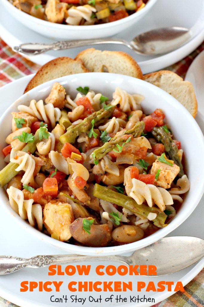 Slow Cooker Spicy Chicken Pasta | Can't Stay Out of the Kitchen | This delicious #chicken & #pasta entree is made in the #SlowCooker so it's quick & easy. It's also #healthy, #lowcalorie & #glutenfree. #crockpot #asparagus #tomatoes #cannellinibeans #mushrooms #HealthyChickenEntree #HealthyPastaEntree 
