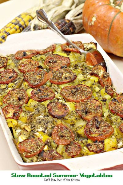 Slow Roasted Summer Vegetables | Can't Stay Out of the Kitchen | fabulous #casserole with #squash #zucchini #eggplant and #tomatoes. #glutenfree #vegan
