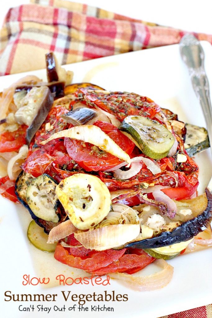 Slow Roasted Summer Vegetables | Can't Stay Out of the Kitchen | you've never had #veggies that taste as wonderful as the way these do. Slow roasting and assorted herbs make these garden vegetables incredibly tasty. #vegan #glutenfree #eggplant #tomatoes #zucchini