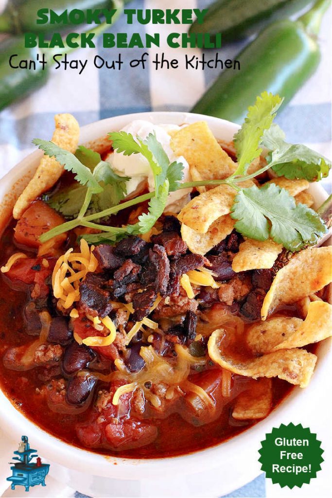 Smoky Turkey Black Bean Chili | Can't Stay Out of the Kitchen | this fantastic #chili #recipe includes #BlackBeans, #FireRoastedTomatoes, #bacon, #turkey, #cilantro #jalapeno & #ChipotlePeppers & wonderful seasonings that provide mouthwatering flavor. You can make this mild or spicy hot--whatever you desire. Great for #tailgating parties & potlucks. #BlackBeanChili #TurkeyChili #SmokyTurkeyBlackBeanChili #Fritos #CheddarCheese #ChiliWithBacon