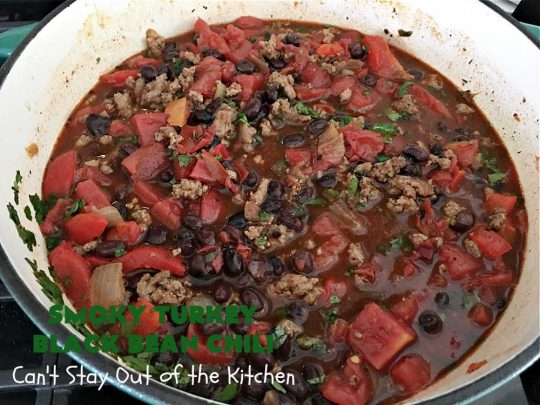 Smoky Turkey Black Bean Chili | Can't Stay Out of the Kitchen | this fantastic #chili #recipe includes #BlackBeans, #FireRoastedTomatoes, #bacon, #turkey, #cilantro #jalapeno & #ChipotlePeppers & wonderful seasonings that provide mouthwatering flavor. You can make this mild or spicy hot--whatever you desire. Great for #tailgating parties & potlucks. #BlackBeanChili #TurkeyChili #SmokyTurkeyBlackBeanChili #Fritos #CheddarCheese #ChiliWithBacon