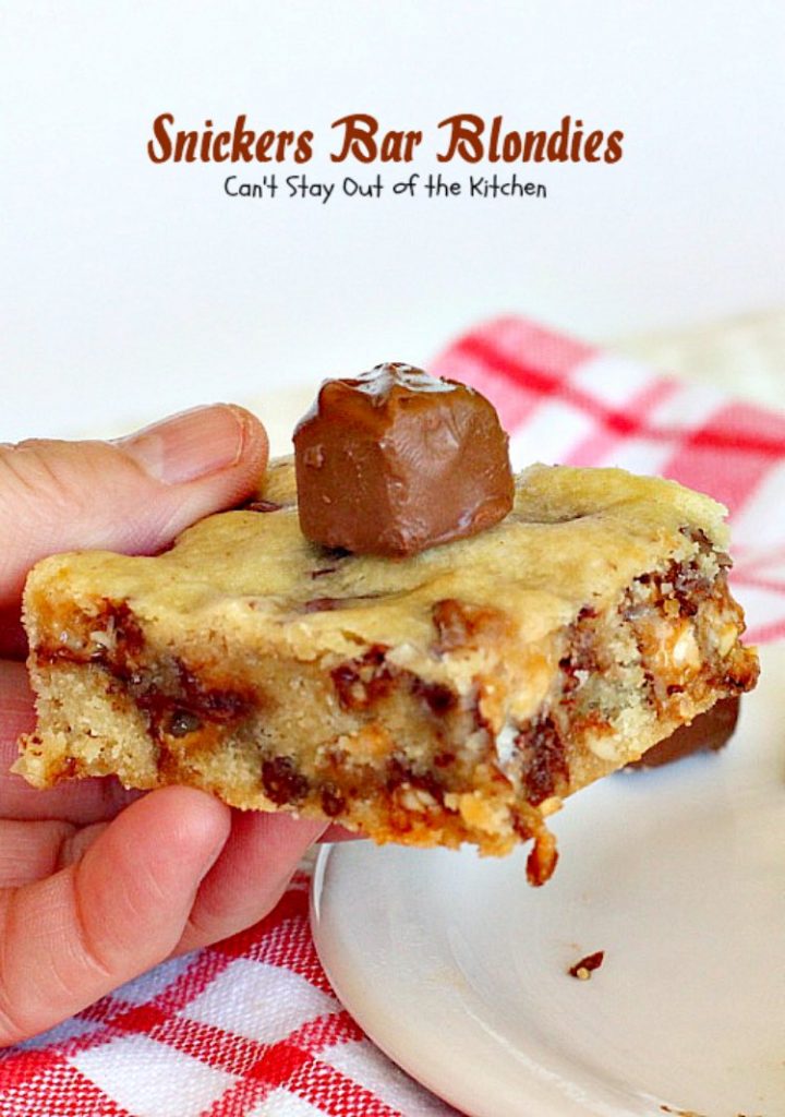 Snickers Bar Blondies | Can't Stay Out of the Kitchen | these fabulous #brownies are filled with #SnickersBars. They're great for #tailgating parties or as a way to use up leftover #halloween candy! #dessert #cookie #chocolate