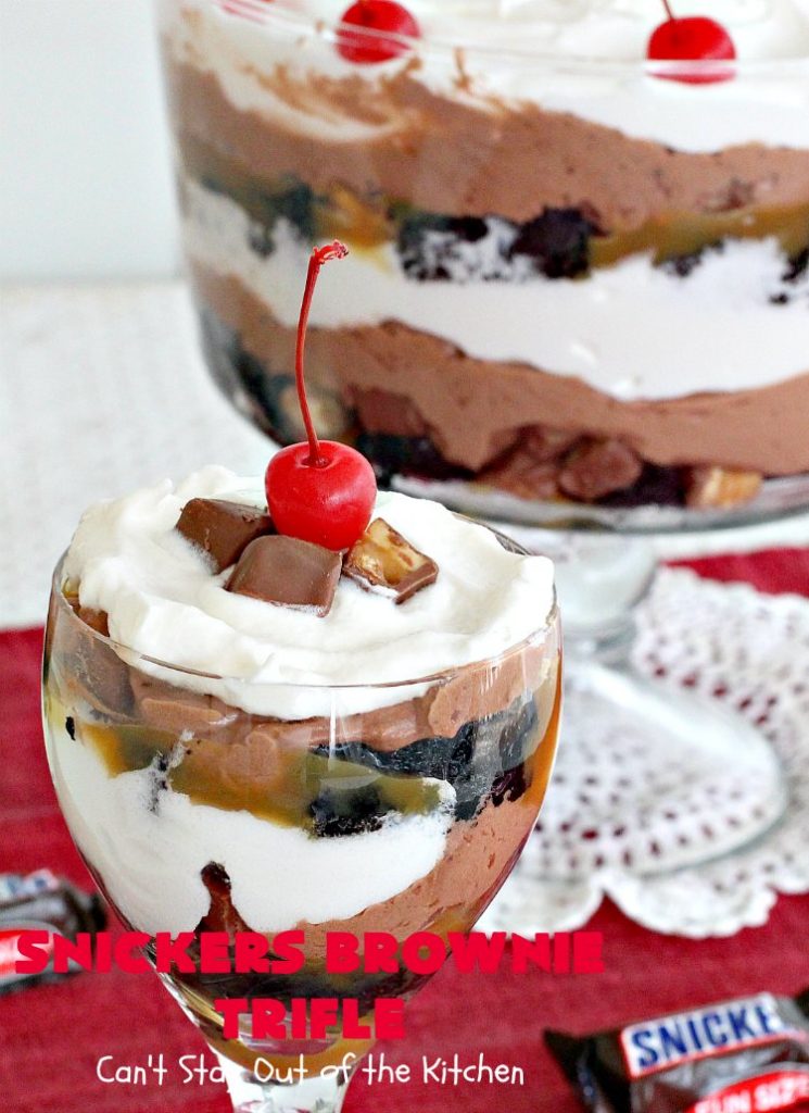 Snickers Brownie Trifle | Can't Stay Out of the Kitchen | this rich & decadent dessert is filled with homemade #brownies, #Snickers bars, #chocolate pudding & #caramel sauce. It's the perfect #dessert for the #holidays, #Christmas, #ValentinesDay or special occasions. 