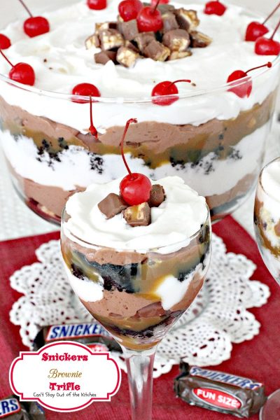 Snickers Brownie Trifle | Can't Stay Out of the Kitchen | a sensational and outrageous #dessert for company and entertaining. #Snickersbars #chocolate #caramelsauce #brownies