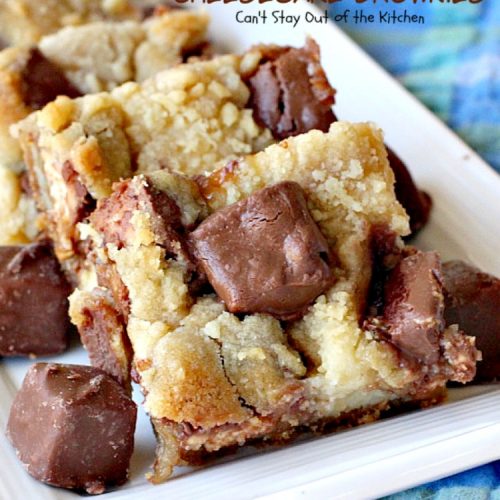 Snickers Cheesecake Brownies | Can't Stay Out of the Kitchen | You will absolutely devour these sensational #brownies! #Snickers #cheesecake & #chocolatechip #cookie dough are terrific together! #chocolate #dessert