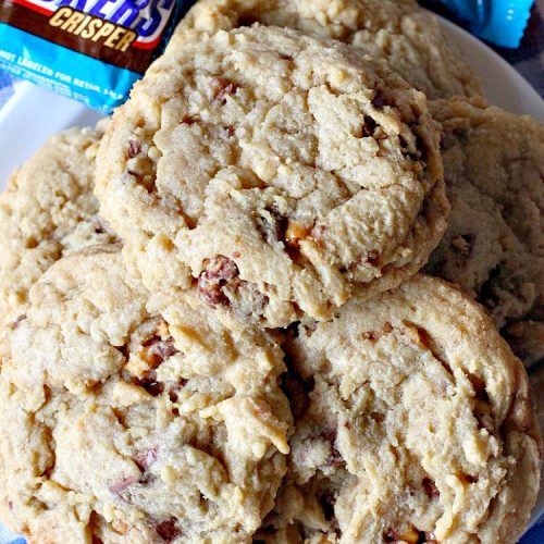 Snickers Crisper Cookies | Can't Stay Out of the Kitchen | these adorable #cookies are made with #SnickersCrisperBars. They're totally spectacular & the ultimate #chocolate cookie sensation. Every bite will knock your socks off! Great for potlucks, #tailgating parties or #holidays. #SnickersBars #SnickersCandyBars #SnickersCrisperCookies #SnickersDessert