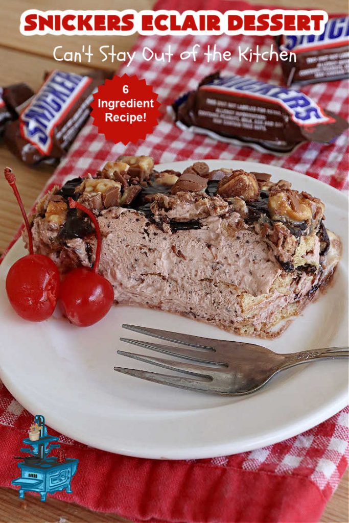 Snickers Éclair Dessert | Can't Stay Out of the Kitchen | this easy-peasy 6-ingredient #recipe is spectacular for company, potlucks or special occasions like #ValentinesDay. It includes layers of #ChocolatePudding, #GrahamCrackers, #ChocolateIcing and #SnickersCandyBars on top. The #Snickers give it that wonderful chocolaty & #caramel flavor along with #peanuts that adds a little punch to the #dessert. So easy even a child can make it! #Éclairs #ÉclairDessert #SnickersÉclairDessert