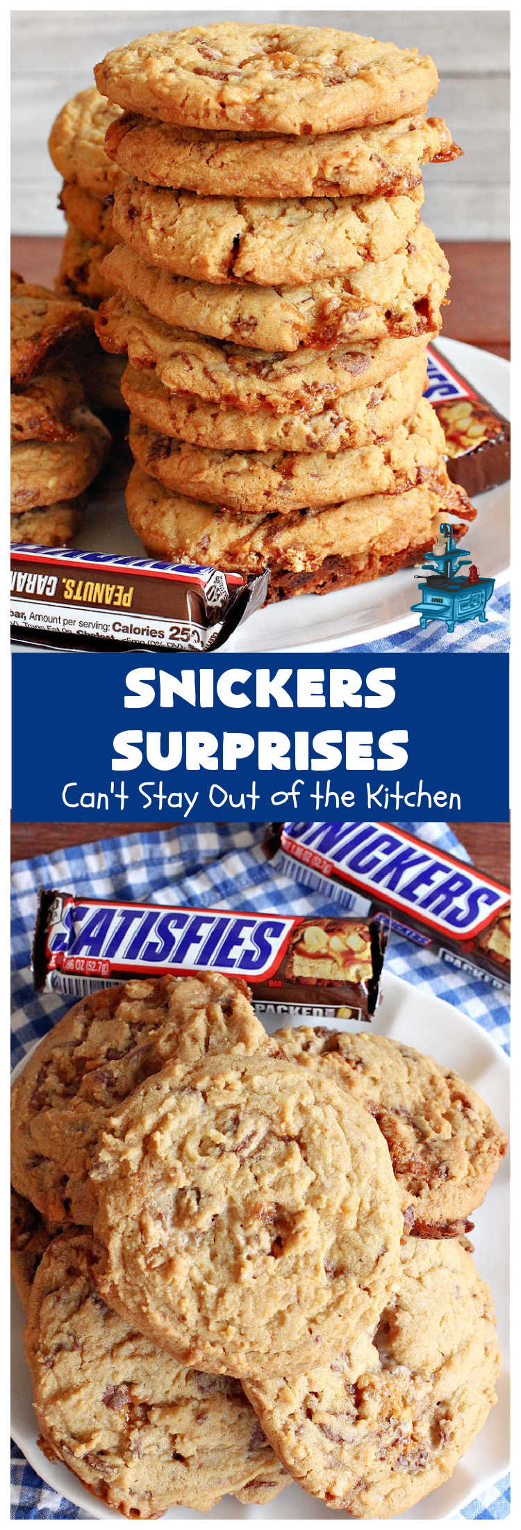 Snickers Surprises | Can't Stay Out of the Kitchen | these scrumptious #PeanutButterCookies include #SnickersBars so they have a little bit of #caramel, #chocolate & #PeanutButter in every bite. You're sure to swoon once you get a taste of these jewels. Perfect for #tailgating, potlucks, backyard BBQs and #holiday #baking. #ChristmasCookieExchange #dessert #ChocolateDessert #SnickersDessert #PeanutButterDessert #CaramelDessert #cookies #SnickersSurprises