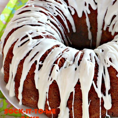 Sock-It-To-Me Cake | Can't Stay Out of the Kitchen | this fantastic #cake will knock your socks off! It has a lovely #pecan streusel filling in the middle & it's glazed with vanilla icing. We serve this as a #coffeecake for #breakfast or for #dessert. #Brunch #Holiday #cinnamon #HolidayBreakfast #SockItToMeCake