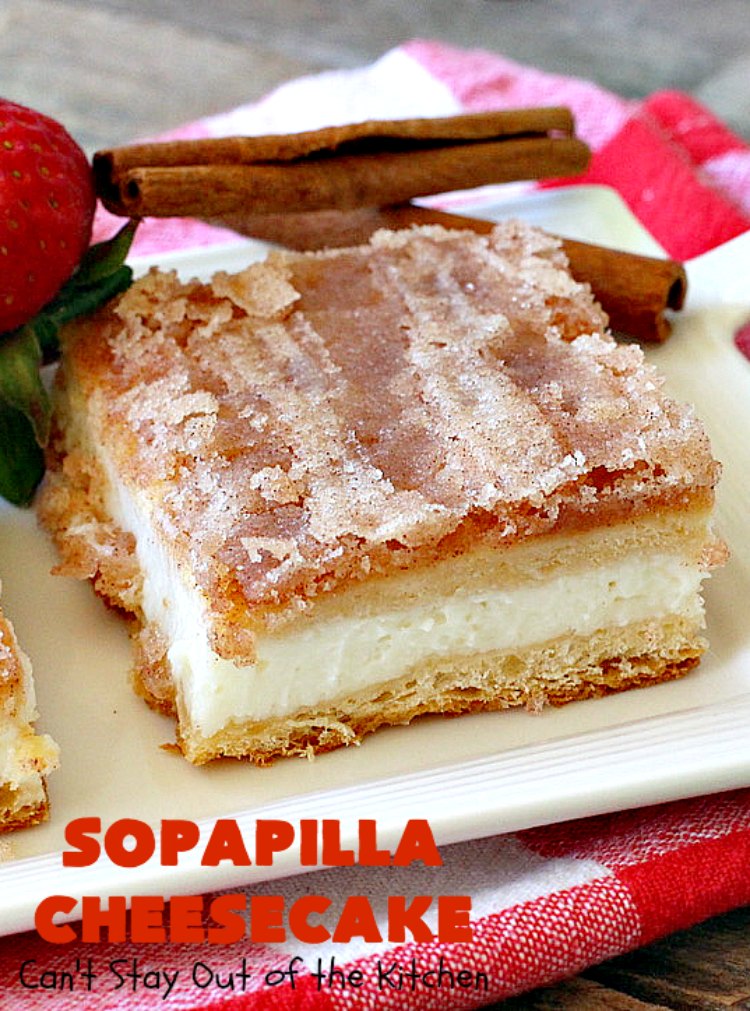 Sopapilla Cheesecake | Can't Stay Out of the Kitchen | this delicious #cheesecake uses only 6 ingredients! It's so easy, making it the perfect #dessert for company. #TexMex #creamcheese #PillsburyCrescentRolls #cinnamon
