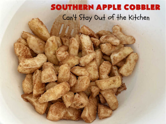 Southern Apple Cobbler | Can't Stay Out of the Kitchen | I grew up eating a lot of "Down-Home" style #food. #SouthernAppleCobbler is one of those #ComfortFood #recipes that soothe every appetite. Add a dollop of #IceCream and it's even better! This #AppleDessert is made in three layers: #apples, #topping & a #cinnamon-sugar layer sprinkled over top. Scrumptious! #dessert #cobbler #AppleCobbler #southern
