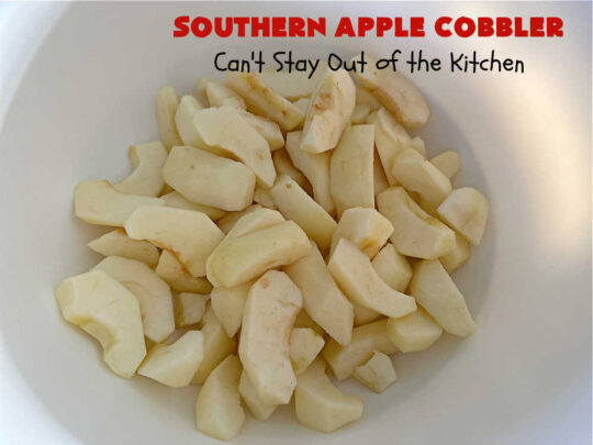 Southern Apple Cobbler | Can't Stay Out of the Kitchen | I grew up eating a lot of "Down-Home" style #food. #SouthernAppleCobbler is one of those #ComfortFood #recipes that soothe every appetite. Add a dollop of #IceCream and it's even better! This #AppleDessert is made in three layers: #apples, #topping & a #cinnamon-sugar layer sprinkled over top. Scrumptious! #dessert #cobbler #AppleCobbler #southern