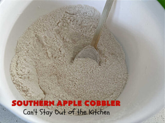 Southern Apple Cobbler | Can't Stay Out of the Kitchen | I grew up eating a lot of "Down-Home" style #food. #SouthernAppleCobbler is one of those #ComfortFood #recipes that soothe every appetite. Add a dollop of #IceCream and it's even better! This #AppleDessert is made in three layers: #apples, #topping & a #cinnamon-sugar layer sprinkled over top. Scrumptious! #dessert #cobbler #AppleCobbler #southern