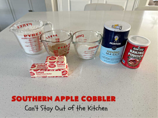 Southern Apple Cobbler | Can't Stay Out of the Kitchen | I grew up eating a lot of "Down-Home" style #food. #SouthernAppleCobbler is one of those #ComfortFood #recipes that soothe every appetite. Add a dollop of #IceCream and it's even better! This #AppleDessert is made in three layers: #apples, #topping & a #cinnamon-sugar layer sprinkled over top. Scrumptious! #dessert #cobbler #AppleCobbler #southern