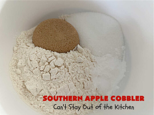 Southern Apple Cobbler | Can't Stay Out of the Kitchen | I grew up eating a lot of "Down-Home" style #food. #SouthernAppleCobbler is one of those #ComfortFood #recipes that soothe every appetite. Add a dollop of #IceCream and it's even better! This #AppleDessert is made in three layers: #apples, #topping & a #cinnamon-sugar layer sprinkled over top. Scrumptious! #dessert #cobbler #AppleCobbler #southern