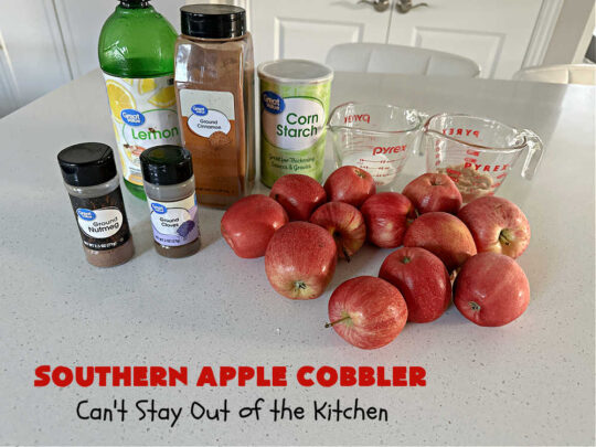 Southern Apple Cobbler | Can't Stay Out of the Kitchen | I grew up eating a lot of "Down-Home" style #food. #SouthernAppleCobbler is one of those #ComfortFood #recipes that soothe every appetite. Add a dollop of #IceCream and it's even better! This #AppleDessert is made in three layers: #apples, #topping & a #cinnamon-sugar layer sprinkled over top. Scrumptious! #dessert #cobbler #AppleCobbler #southern