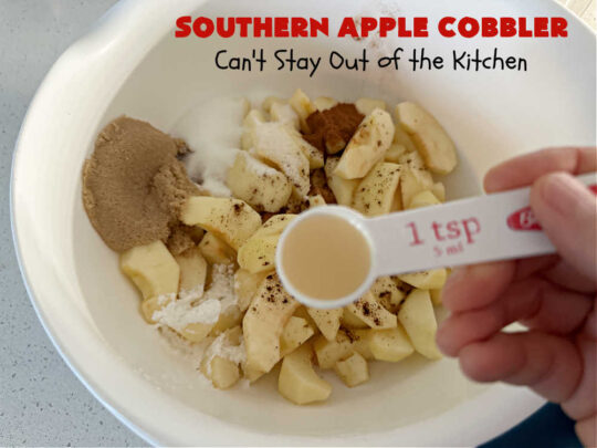 Southern Apple Cobbler | Can't Stay Out of the Kitchen | I grew up eating a lot of "Down-Home" style #food. #SouthernAppleCobbler is one of those #ComfortFood #recipes that soothe every appetite. Add a dollop of #IceCream and it's even better! This #AppleDessert is made in three layers: #apples, #topping & a #cinnamon-sugar layer sprinkled over top. Scrumptious! #dessert #cobbler #AppleCobbler #southern