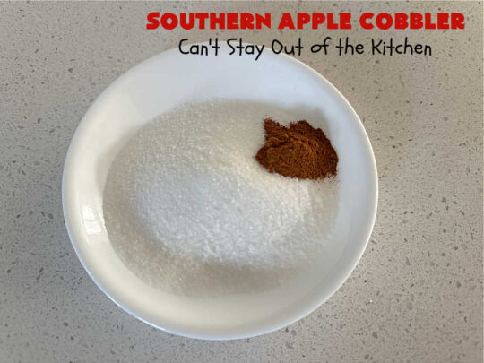 Southern Apple Cobbler | Can't Stay Out of the Kitchen | I grew up eating a lot of "Down-Home" style #food. #SouthernAppleCobbler is one of those #ComfortFood #recipes that soothe every appetite. Add a dollop of #IceCream and it's even better! This #AppleDessert is made in three layers: #apples, #topping & a #cinnamon-sugar layer sprinkled over top. Scrumptious! #dessert #cobbler #AppleCobbler #southern