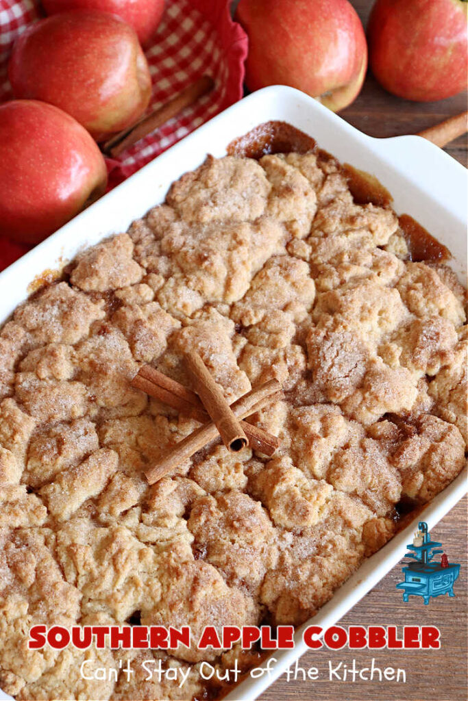Southern Apple Cobbler | Can't Stay Out of the Kitchen | I grew up eating a lot of "Down-Home" style #food. #SouthernAppleCobbler is one of those #ComfortFood #recipes that soothe every appetite. Add a dollop of #IceCream and it's even better! This #AppleDessert is made in three layers: #apples, #topping & a #cinnamon-sugar layer sprinkled over top. Scrumptious! #dessert #cobbler #AppleCobbler #southern