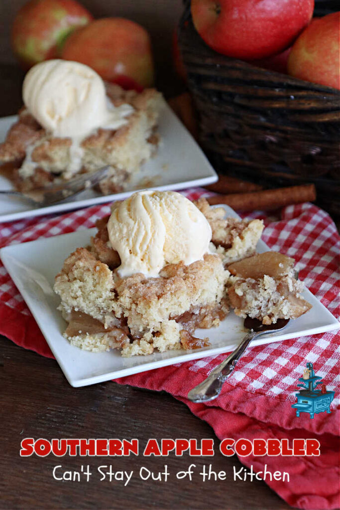 Southern Apple Cobbler | Can't Stay Out of the Kitchen | I grew up eating a lot of "Down-Home" style #food. #SouthernAppleCobbler is one of those #ComfortFood #recipes that soothe every appetite. Add a dollop of #IceCream and it's even better! This #AppleDessert is made in three layers: #apples, #topping & a #cinnamon-sugar layer sprinkled over top. Scrumptious! #dessert #cobbler #AppleCobbler #southern