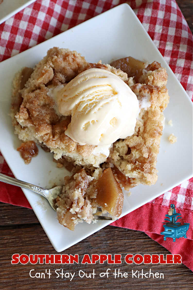 Southern Apple Cobbler | Can't Stay Out of the Kitchen | I grew up eating a lot of "Down-Home" style #food. #SouthernAppleCobbler is one of those #ComfortFood #recipes that soothe every appetite. Add a dollop of #IceCream and it's even better! This #AppleDessert is made in three layers: #apples, #topping & a #cinnamon-sugar layer sprinkled over top. Scrumptious! #dessert #cobbler #AppleCobbler #southern