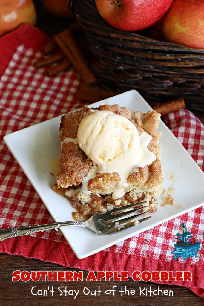 Southern Apple Cobbler | Can't Stay Out of the Kitchen | I grew up eating a lot of "Down-Home" style #food. #SouthernAppleCobbler is one of those #ComfortFood #recipes that soothe every appetite. Add a dollop of #IceCream and it's even better! This #AppleDessert is made in three layers: #apples, #topping & a #cinnamon-sugar layer sprinkled over top. Scrumptious! #dessert #cobbler #AppleCobbler #southern