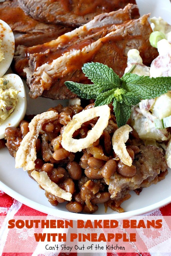 Southern Baked Beans with Pineapple, Bacon & French-Fried Onions | Can't Stay Out of the Kitchen | best #bakedbeans ever! These mouthwatering baked #beans are filled with #bacon, crushed #pineapple & #FrenchFriedOnions! They're terrific for summer #holidays, potlucks & family gatherings. #BBQ #SweetBabyRays