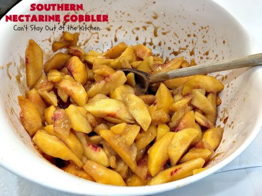 Southern Nectarine Cobbler | Can't Stay Out of the Kitchen | this sensational #cobbler will knock your socks off! I served it to a houseful of company & everyone loved it. It tastes a lot like #PeachCobbler but it's made with #nectarines. #dessert #southern #SouthernNectarineCobbler #NectarineDessert #Canbassador #WashingtonStateFruitCommission #WashingtonStoneFruitGrowers #WashingtonStateStoneFruitGrowers