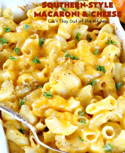 Southern-Style Macaroni and Cheese | Can't Stay Out of the Kitchen | I love this fantastic #macaroni & #cheese dish. It uses 3 cheeses & gets its zip from #cajun seasoning. This kid-friendly #casserole is perfect for potlucks or #MeatlessMondays. #macaroniandcheese